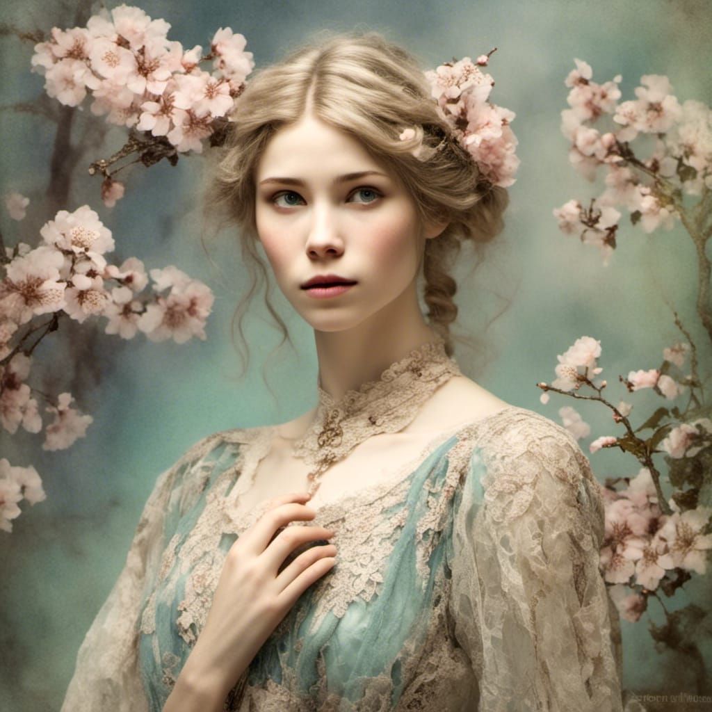 Art Nouveau Girl with Almond Blossoms Portrait