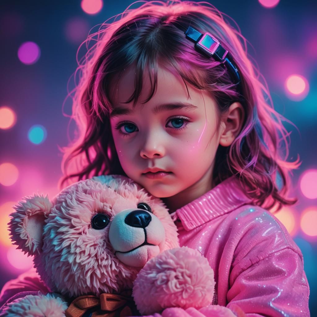 Child Cuddling Teddy Bear in Neon Synthwave Style