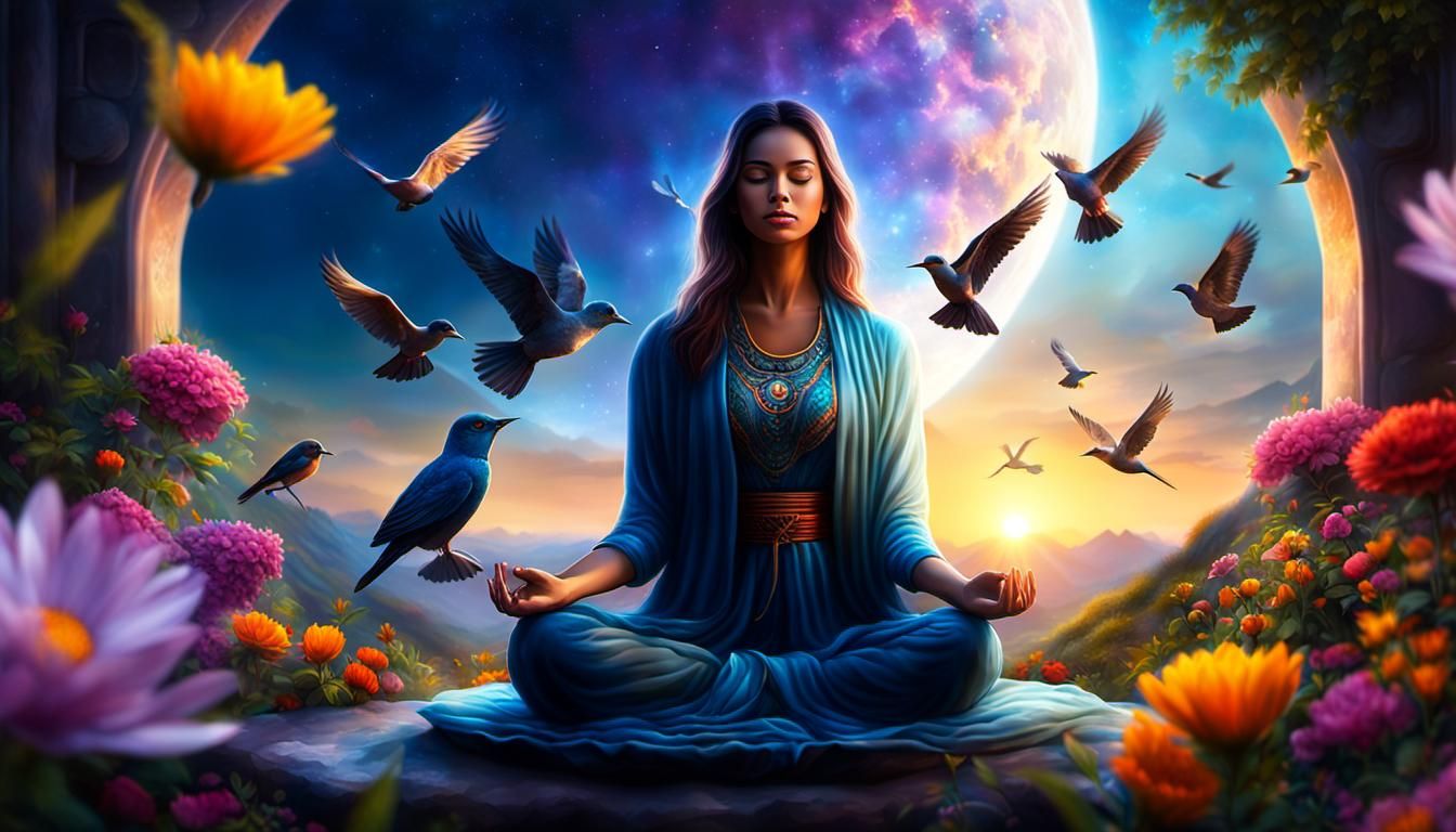 Meditating Girl in Mystical Sunrise Landscape