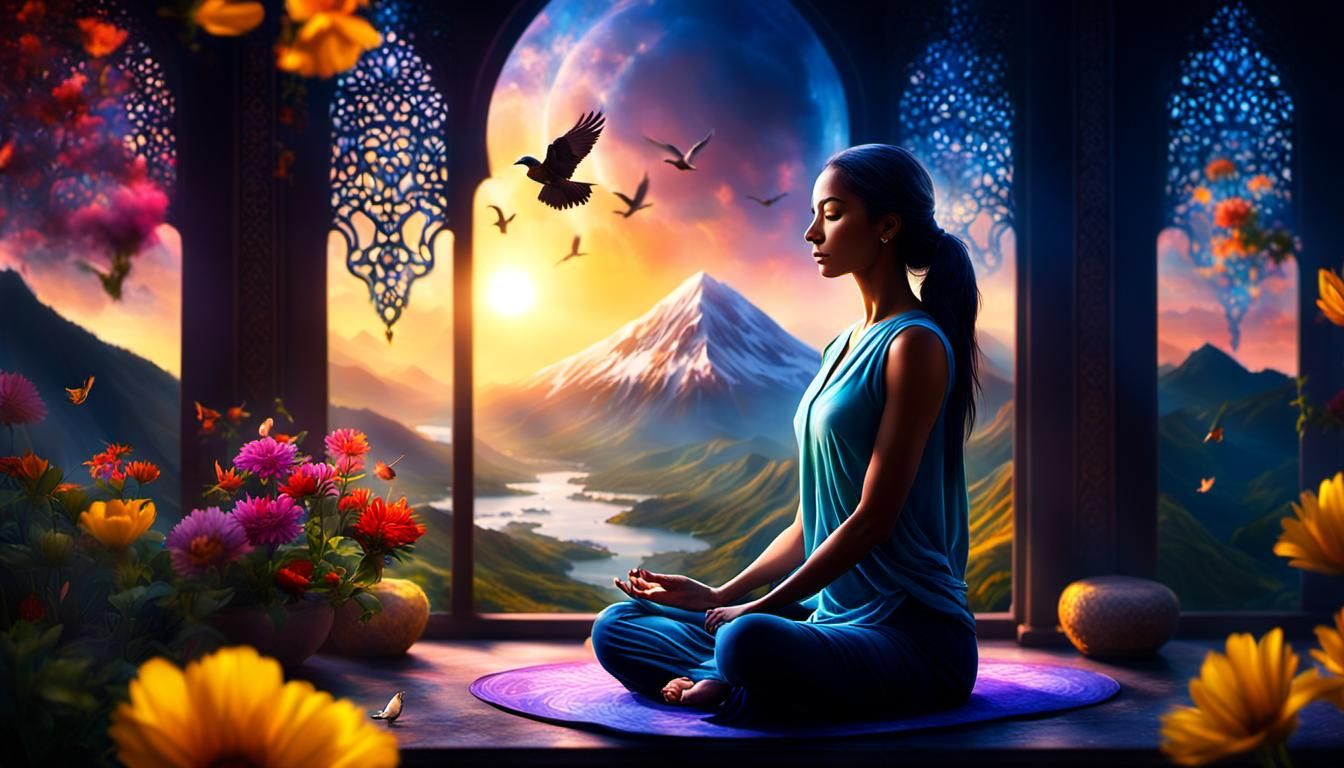 Meditating Girl with Mystical Light and Sunrise