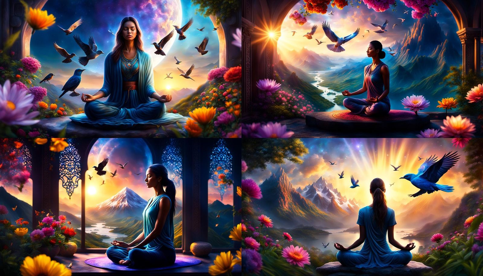 Meditating Girl in Mystical Sunrise Landscape