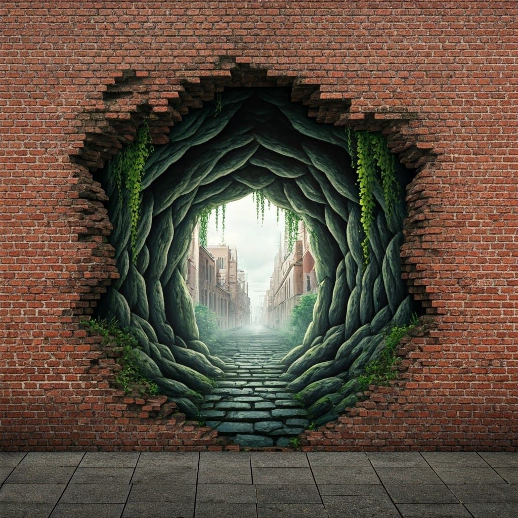 Ancient Cave Mural with Trompe L'oeil Illusion