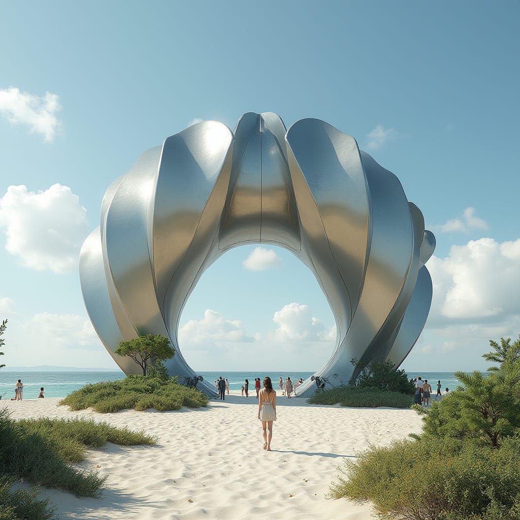 Futuristic Steel Petal Sculpture Canopy by the Sea
