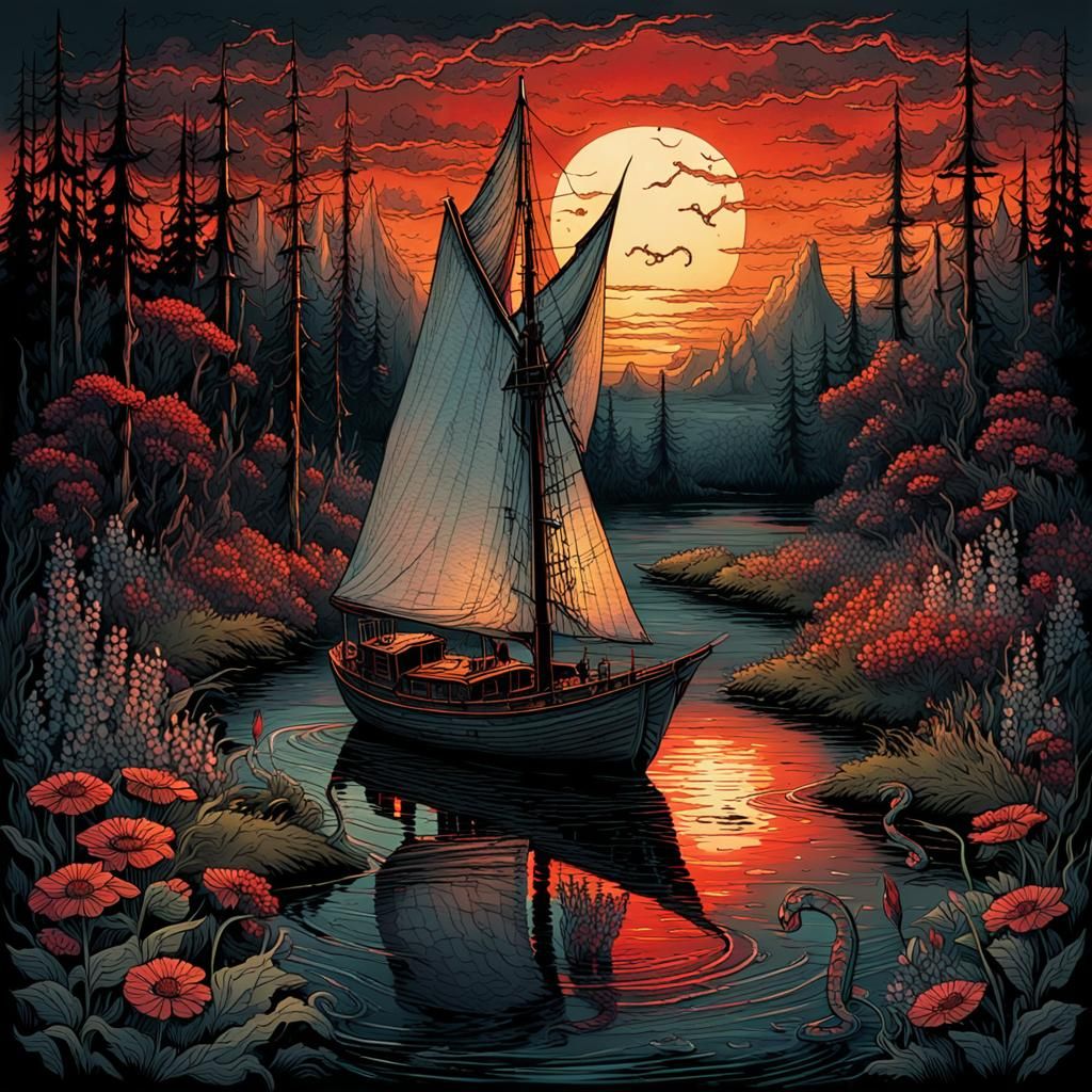 Snake Tattooed Sailboat on Swampy River