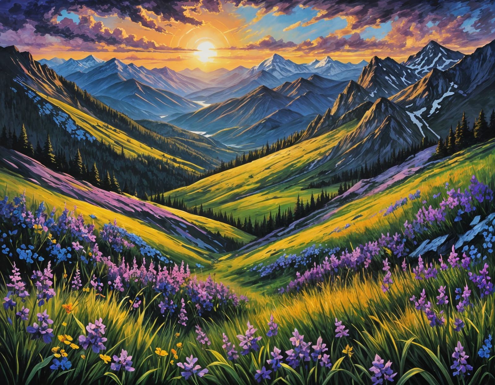 Masterpiece Acrylic painting, 
mountain range captured in a ...