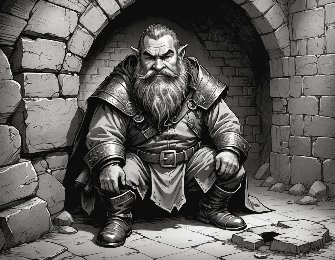 Dwarf Hiding Hole in Fantasy Dungeon, Comic Sketch