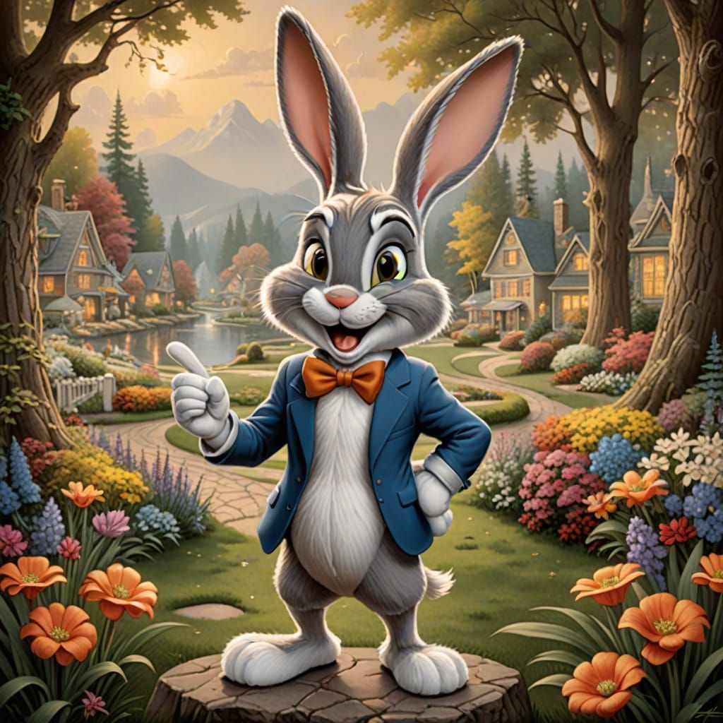 Bugs Bunny in a Thomas Kinkade Style Landscape