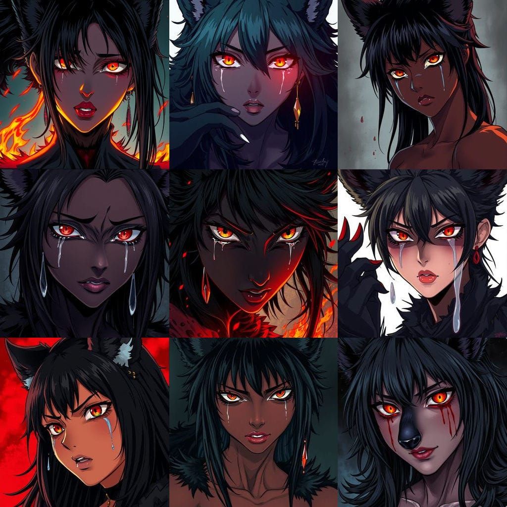 Anime Style Crying Hellhound Woman with Fiery Eyes