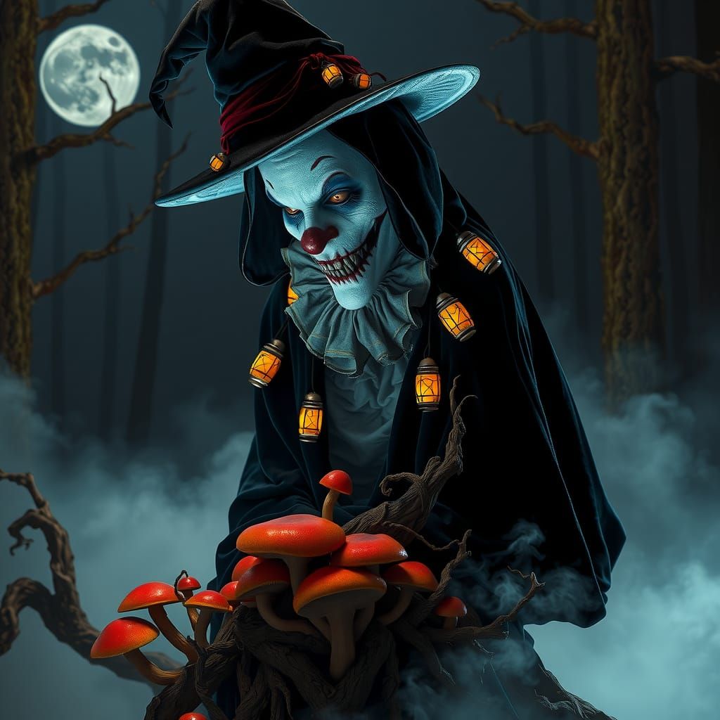 Sinister Clown Witch in Mist-Shrouded Forest