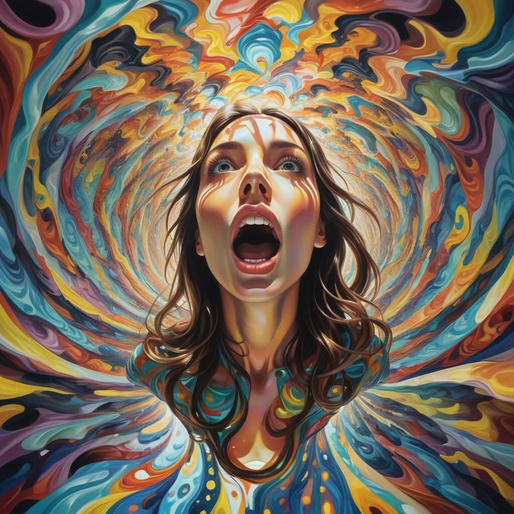 Surreal Girl in Psychedelic Tunnel: Dreamlike Oil Painting