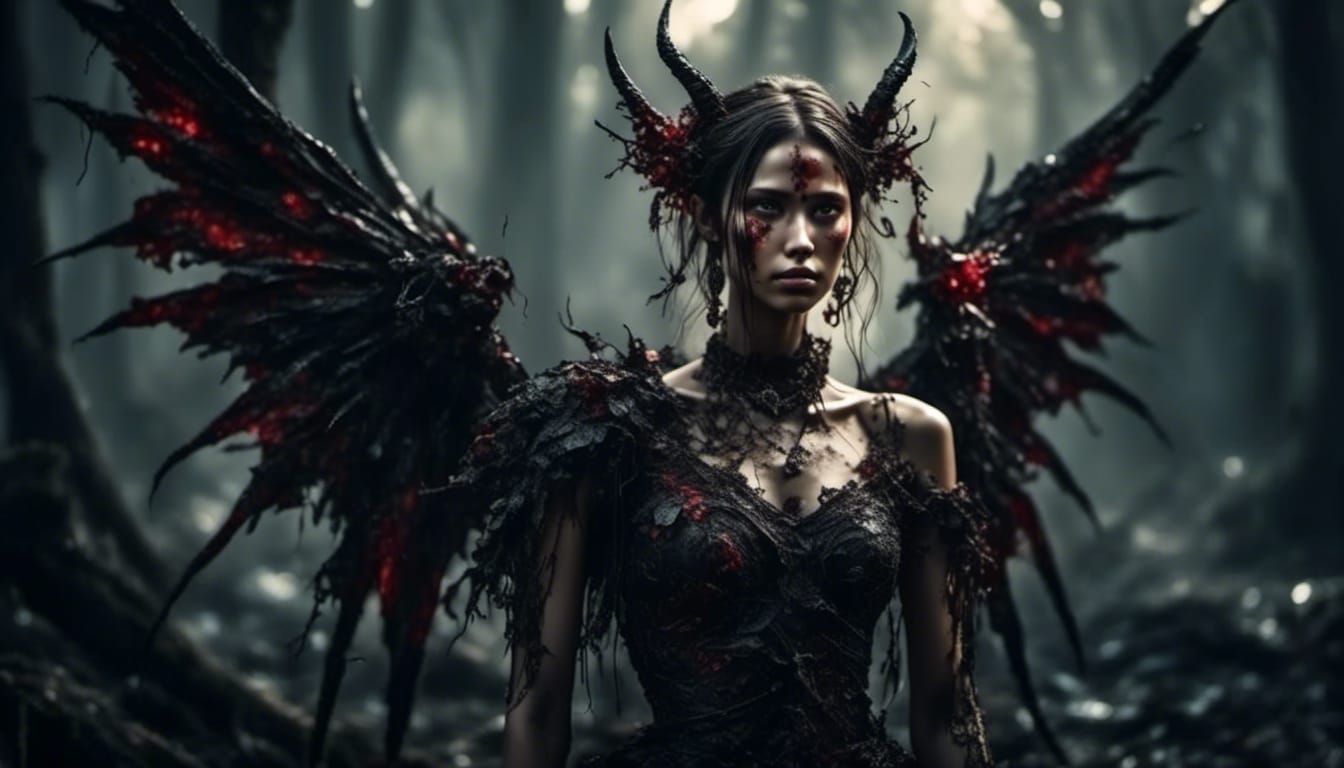 Dark Fantasy Female Demon with Tattered Wings