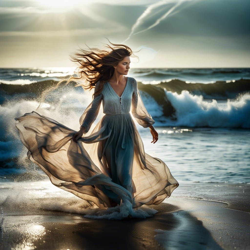 Sunset Beach Woman in Flowing Dress