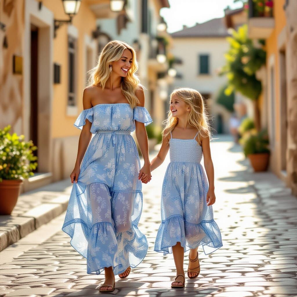 Joyful Mother and Daughter in Blue Dresses on Cobblestone St...