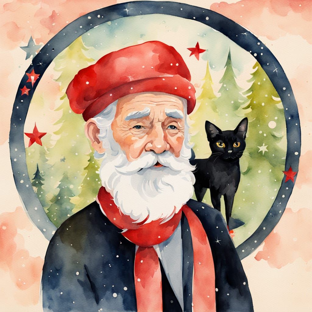 Watercolor new year old man with a thoughtful and loyal friend to a red ribbon and a sense of optimism