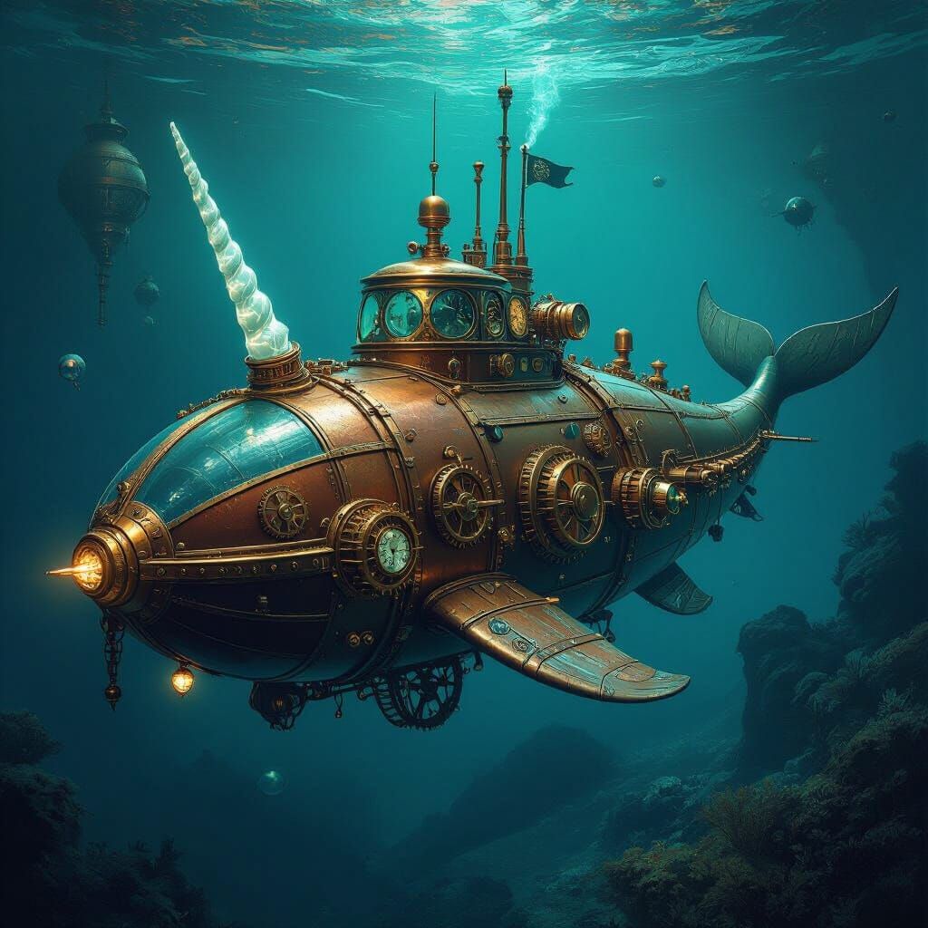 Steampunk Narwhal Submarine in Alien Ocean