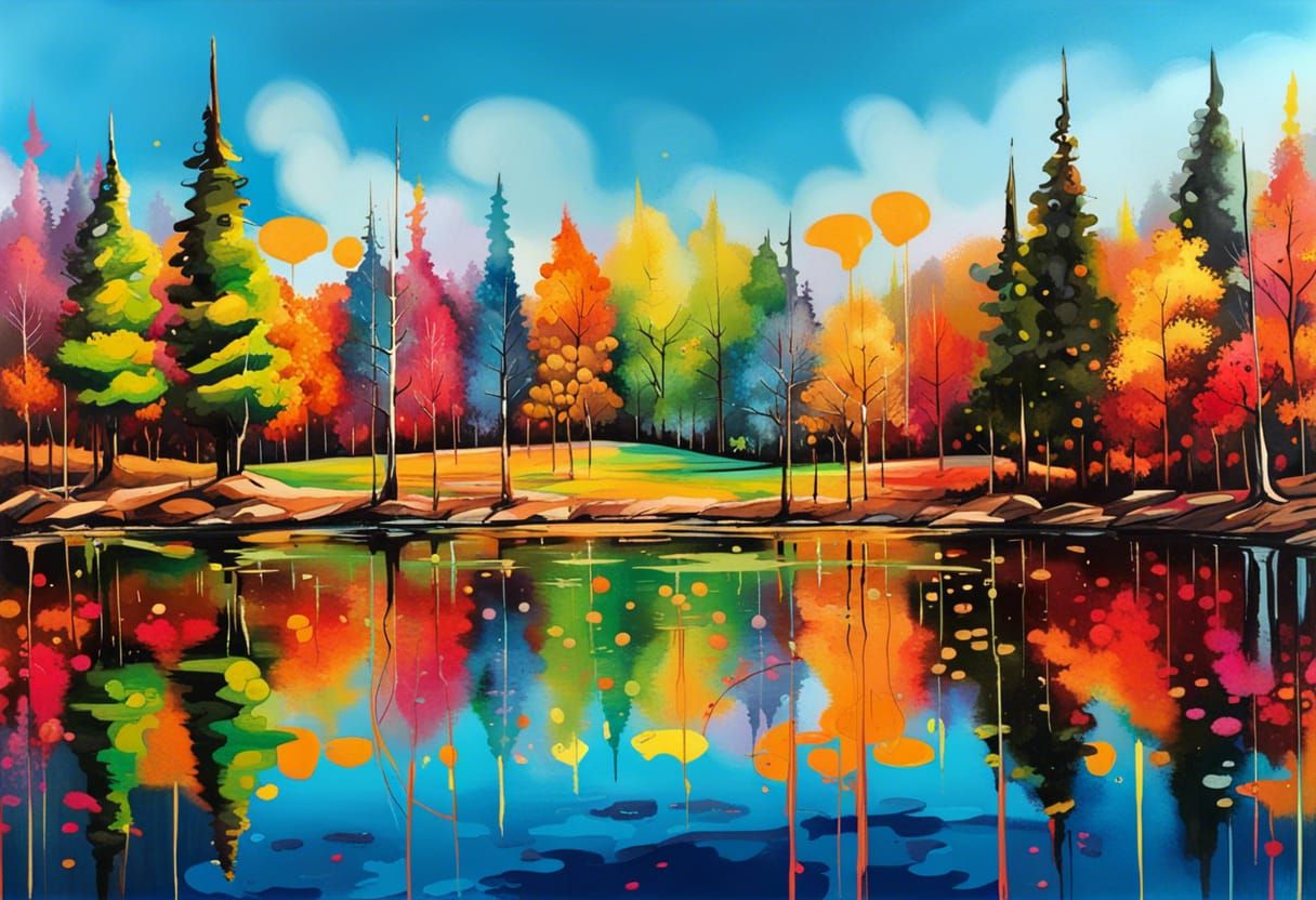 Lake and Trees in Graffiti Splash Art Style