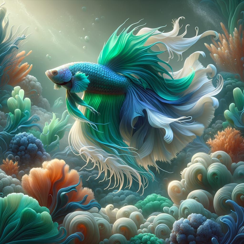 Betta Fish Glides Through Coral Reef in Digital Art Style
