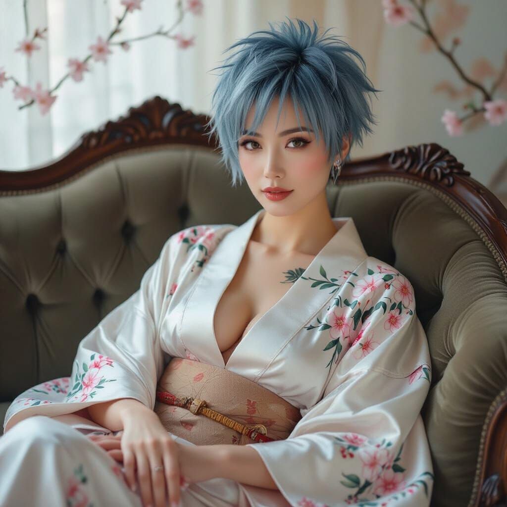 Japanese Woman with Blue Hair in Surreal Boudoir