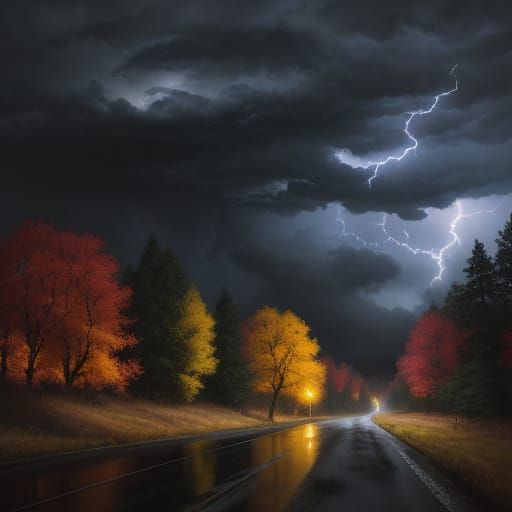 Dramatic Autumn Road with Lightning Strike Oil Painting