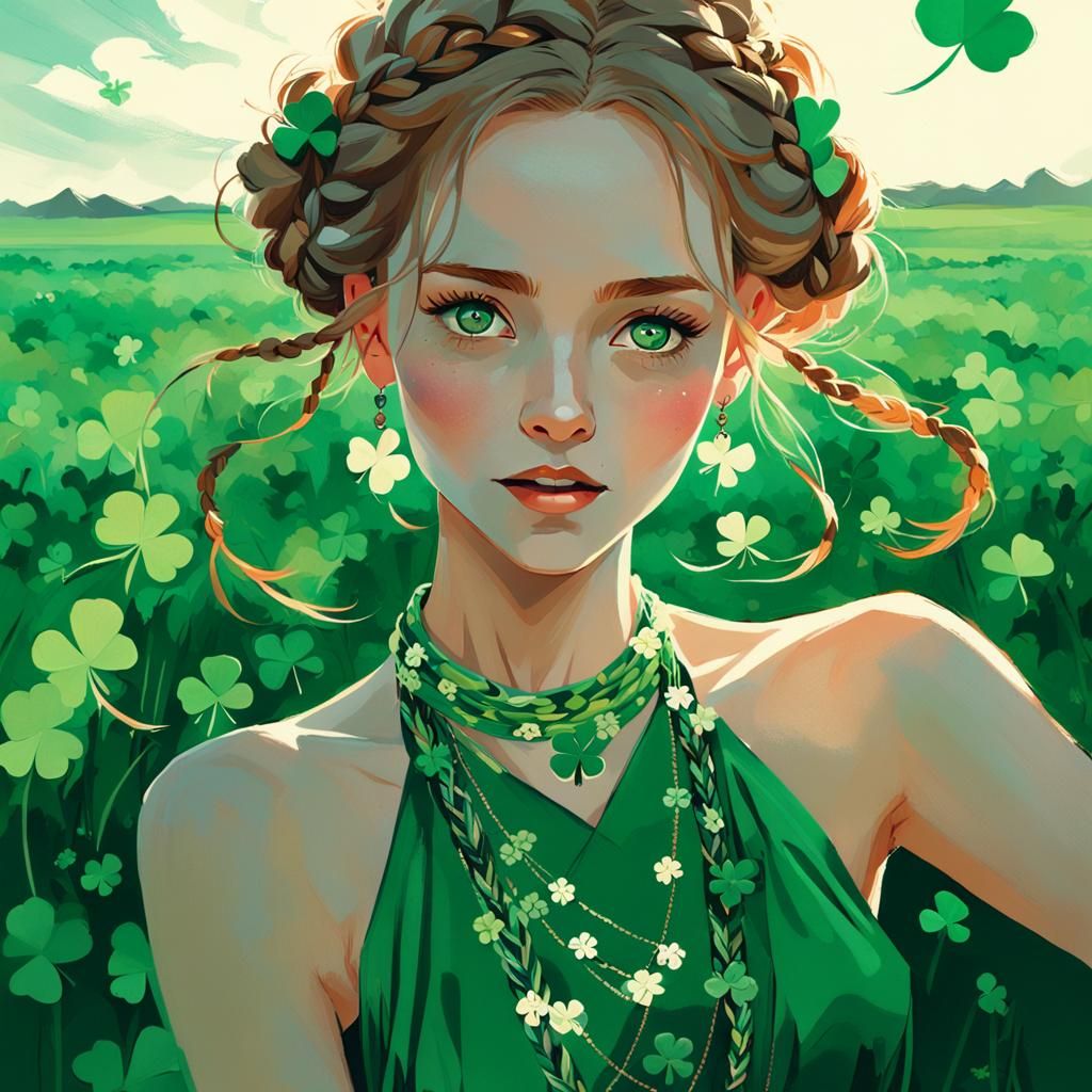 Stunning Irish Woman with Braids in Clover Field