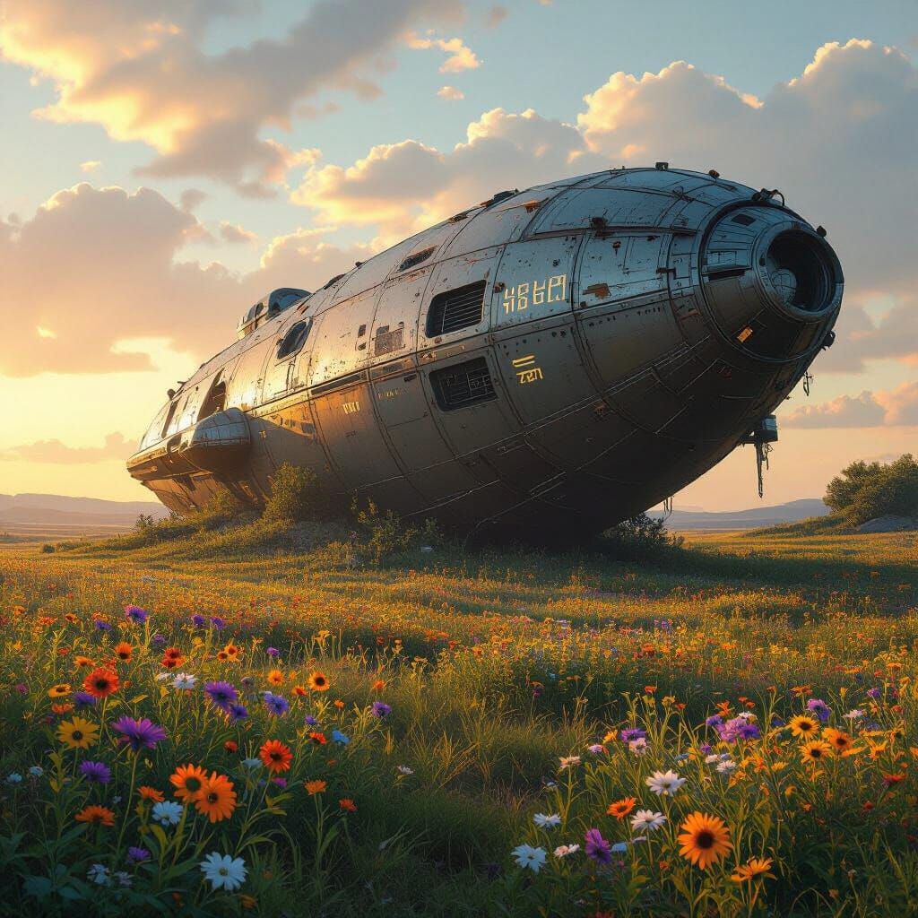 Derelict Spaceship Reclaimed by Nature in Golden Light