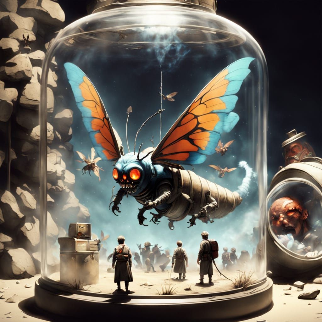 Human Held Captive by Giant Moth in Glass Jar