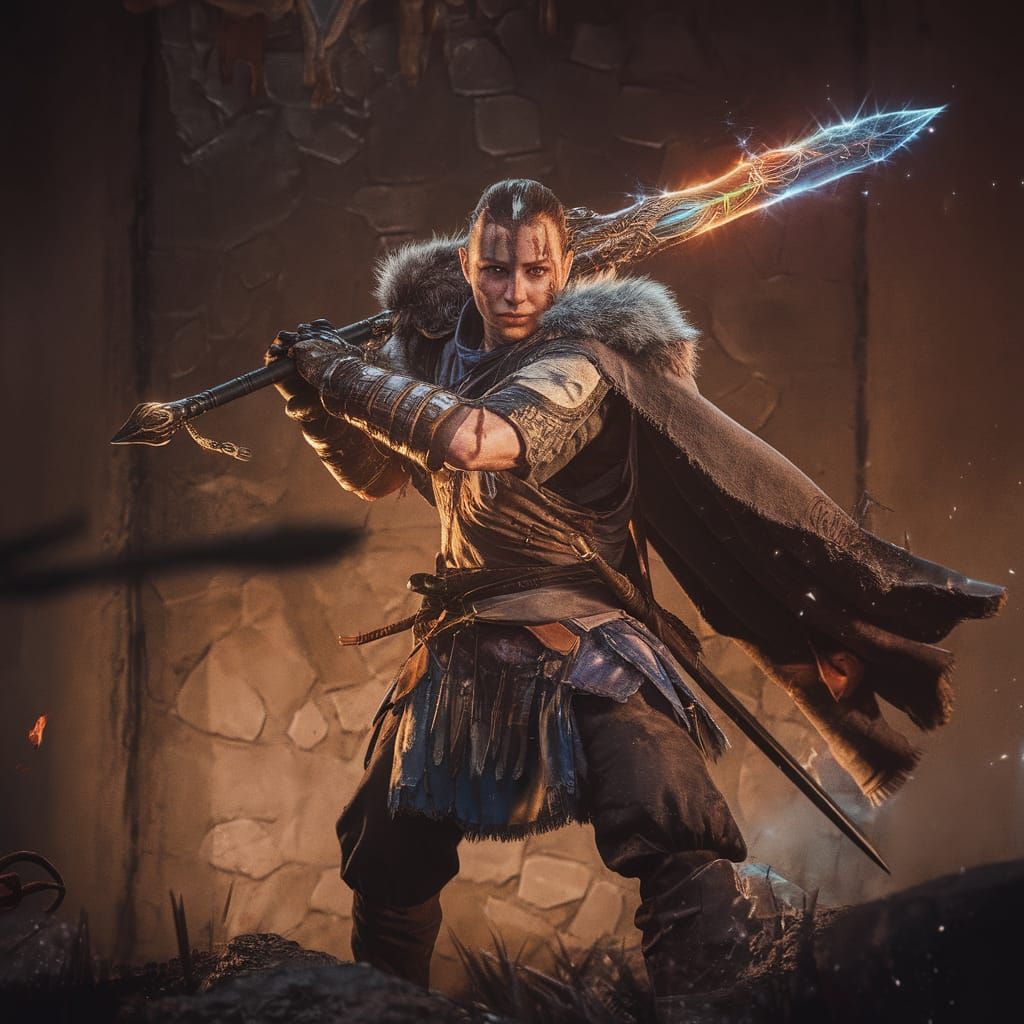 A lone warrior stands defiant against a monstrous foe