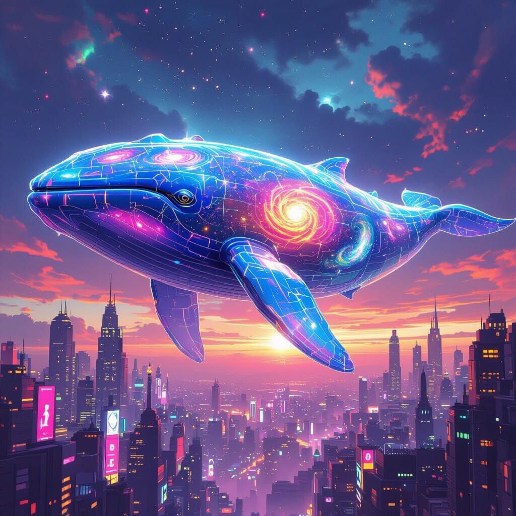 Crystal Whale Floats Above Neon City in Futuristic Style