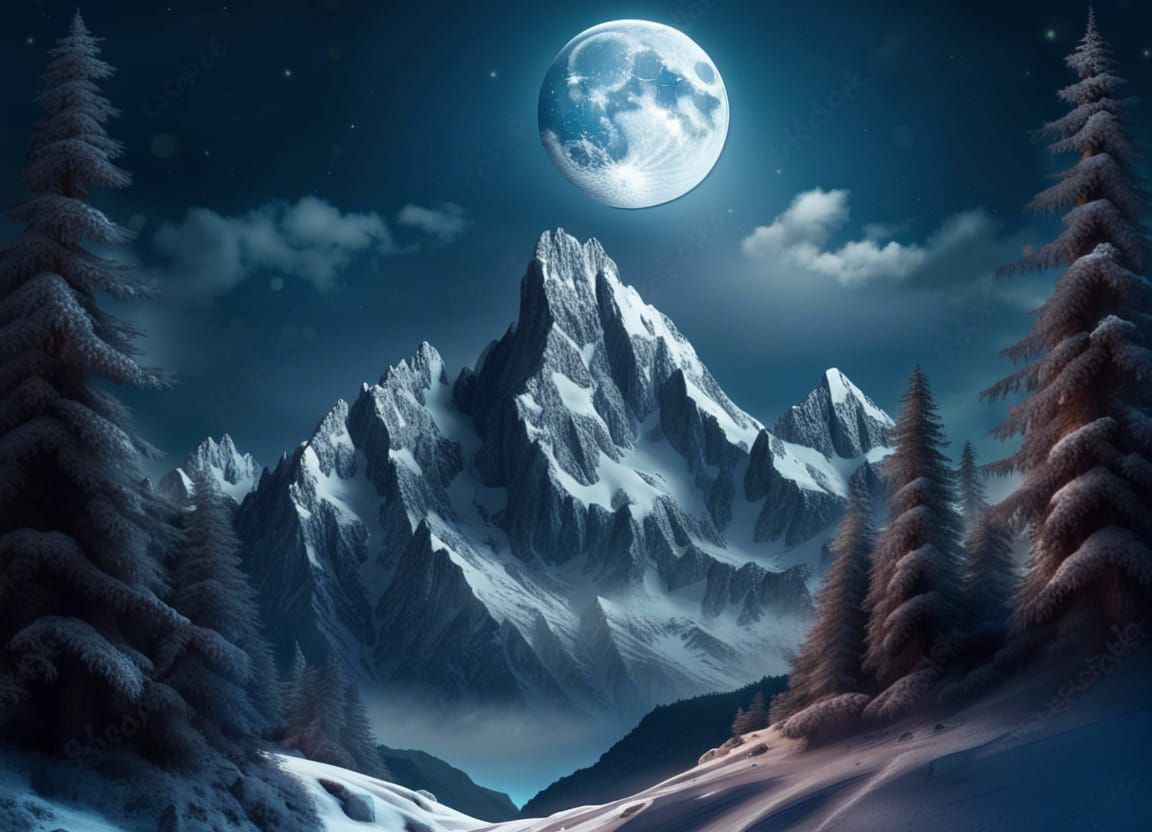 Fantasy Mountains Under Moonlight: Realistic Photograph