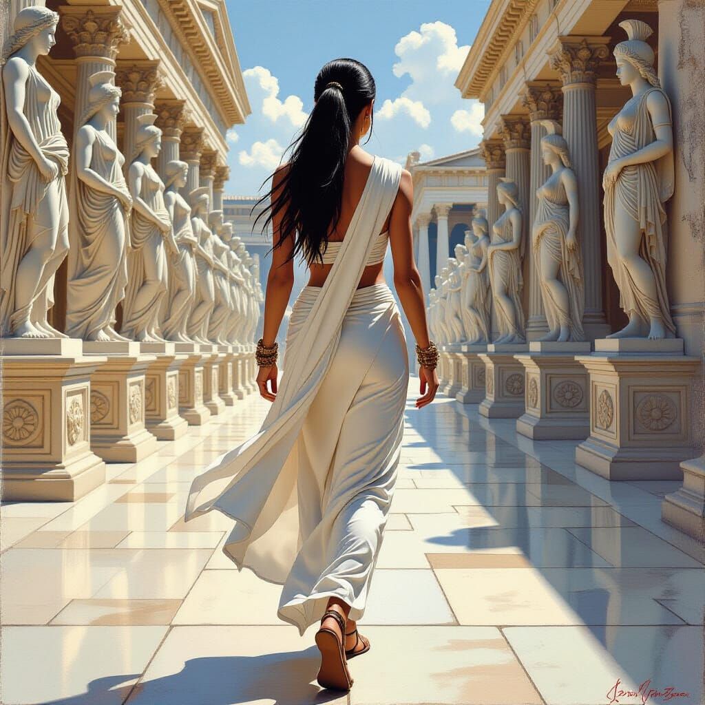 Woman Strolls Down Grecian Boulevard in Fantasy Art Style