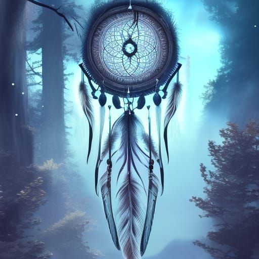 Dreamcatcher with Wolf and Forest, Detailed Matte Painting
