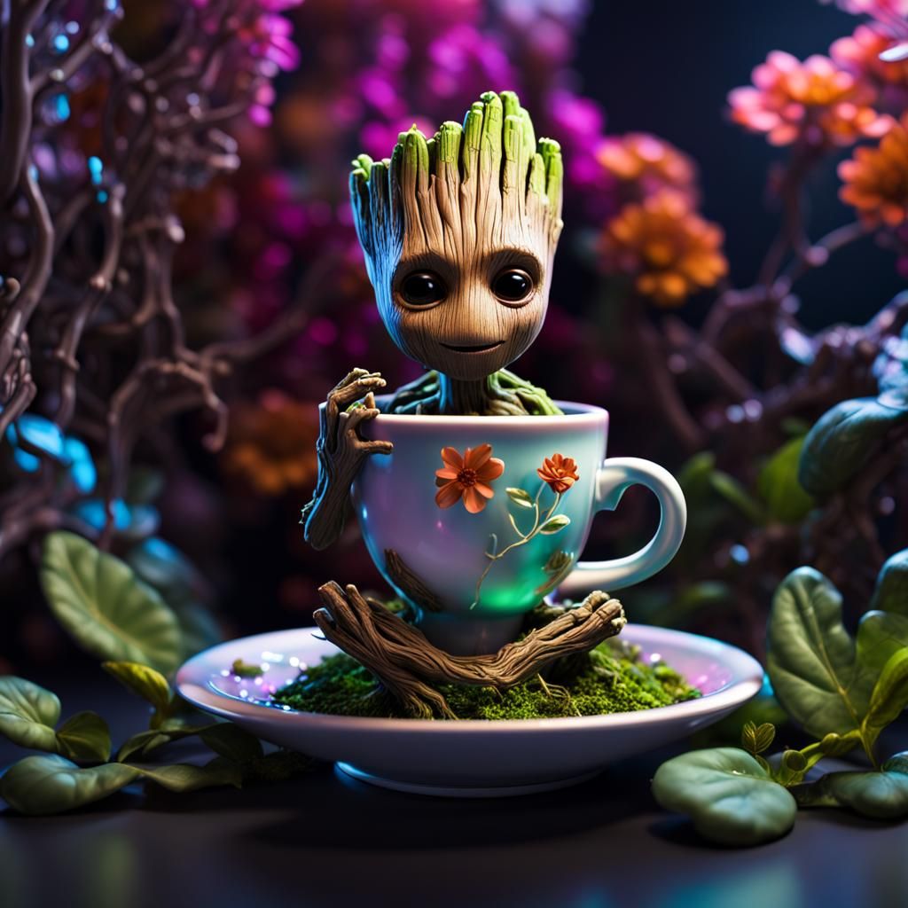 Baby Groot in Teacup: 3D Render