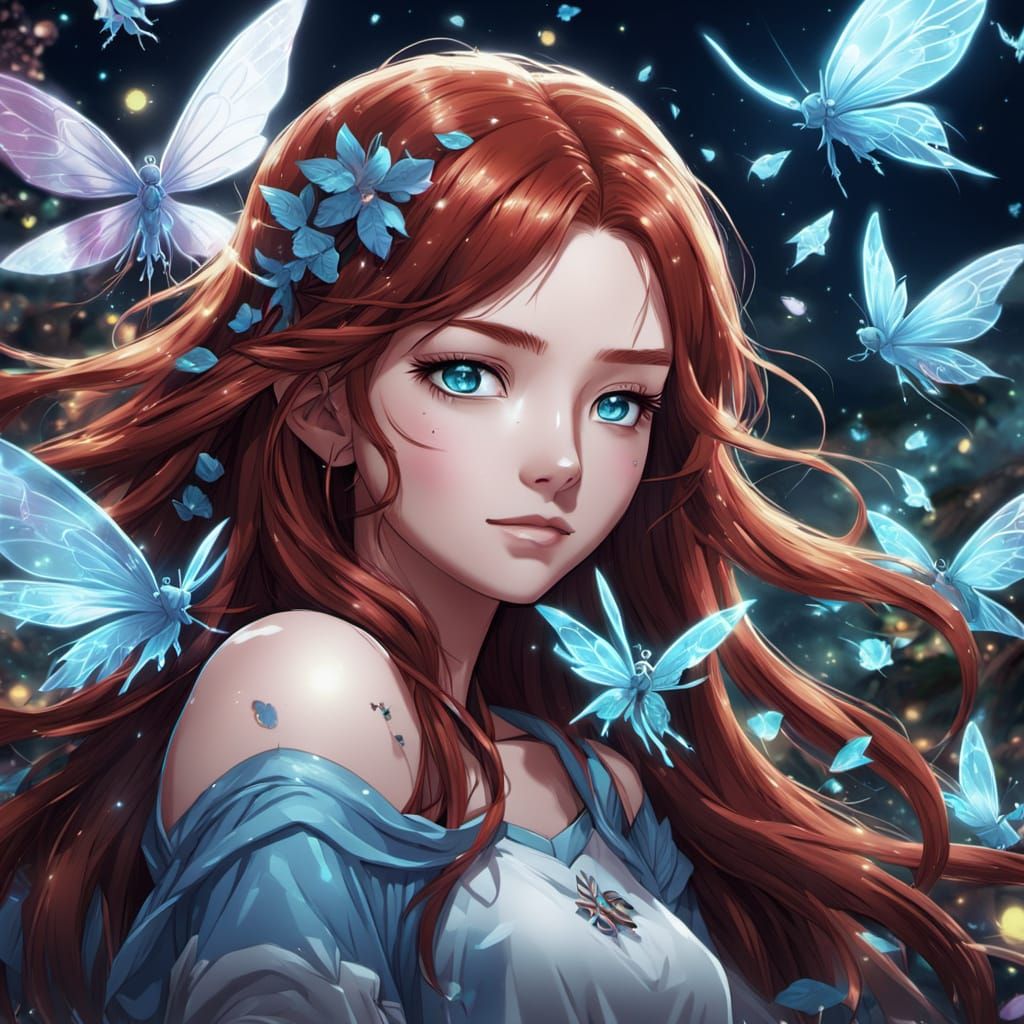 Teenage Girl with Fairies in Anime Style