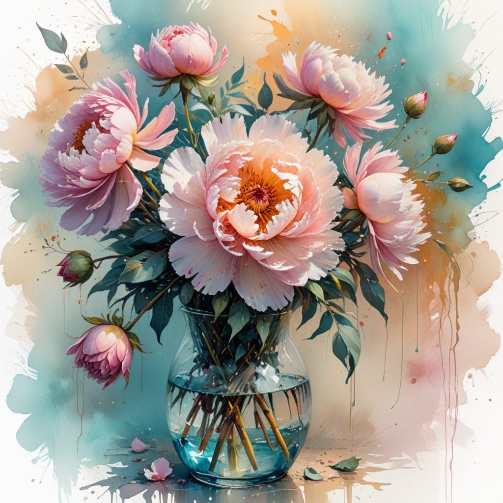 Pastel Pink Peonies in Vase Oil Painting with Eucalyptus