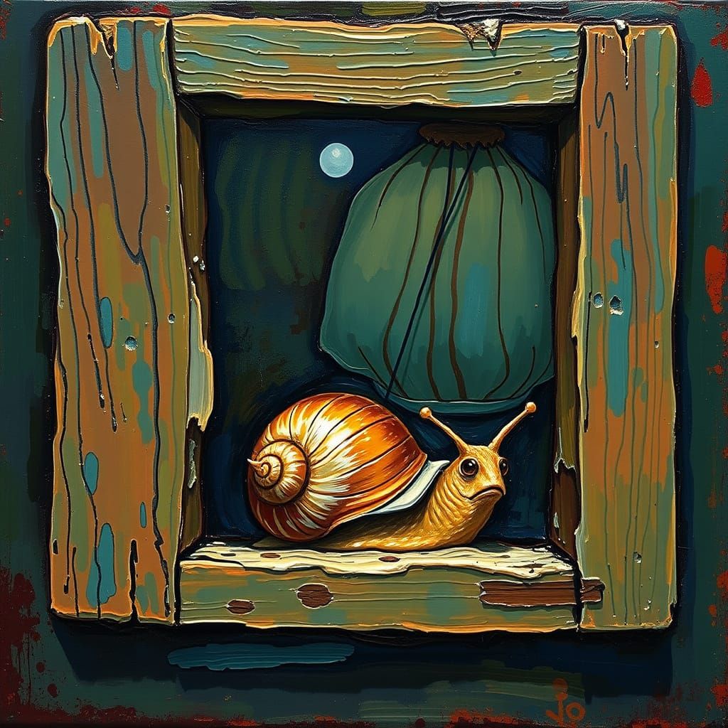 Snail Gazing Through Window in Neo-Impressionist Style