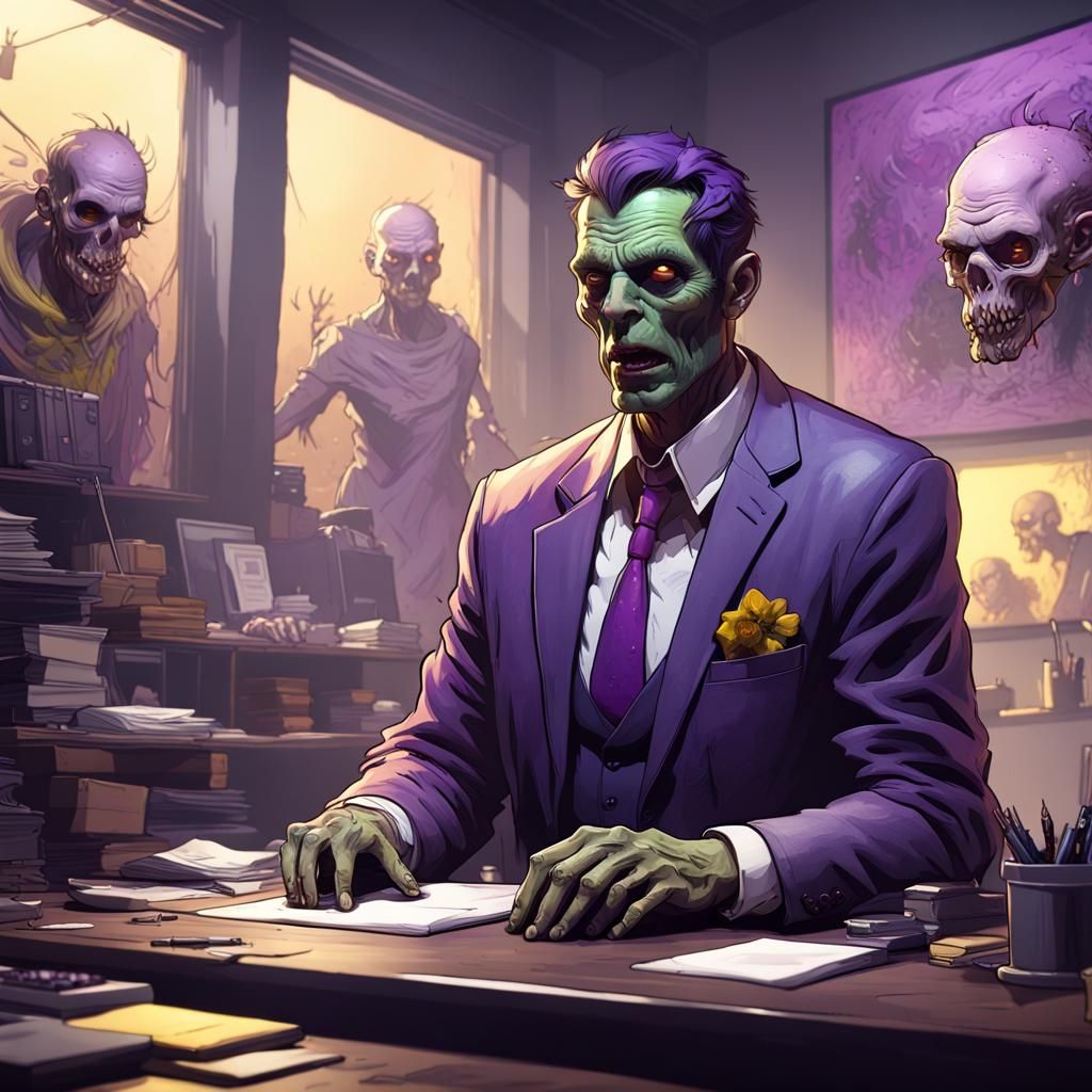Zombie Salaryman in Office: Dark Fantasy Concept Art