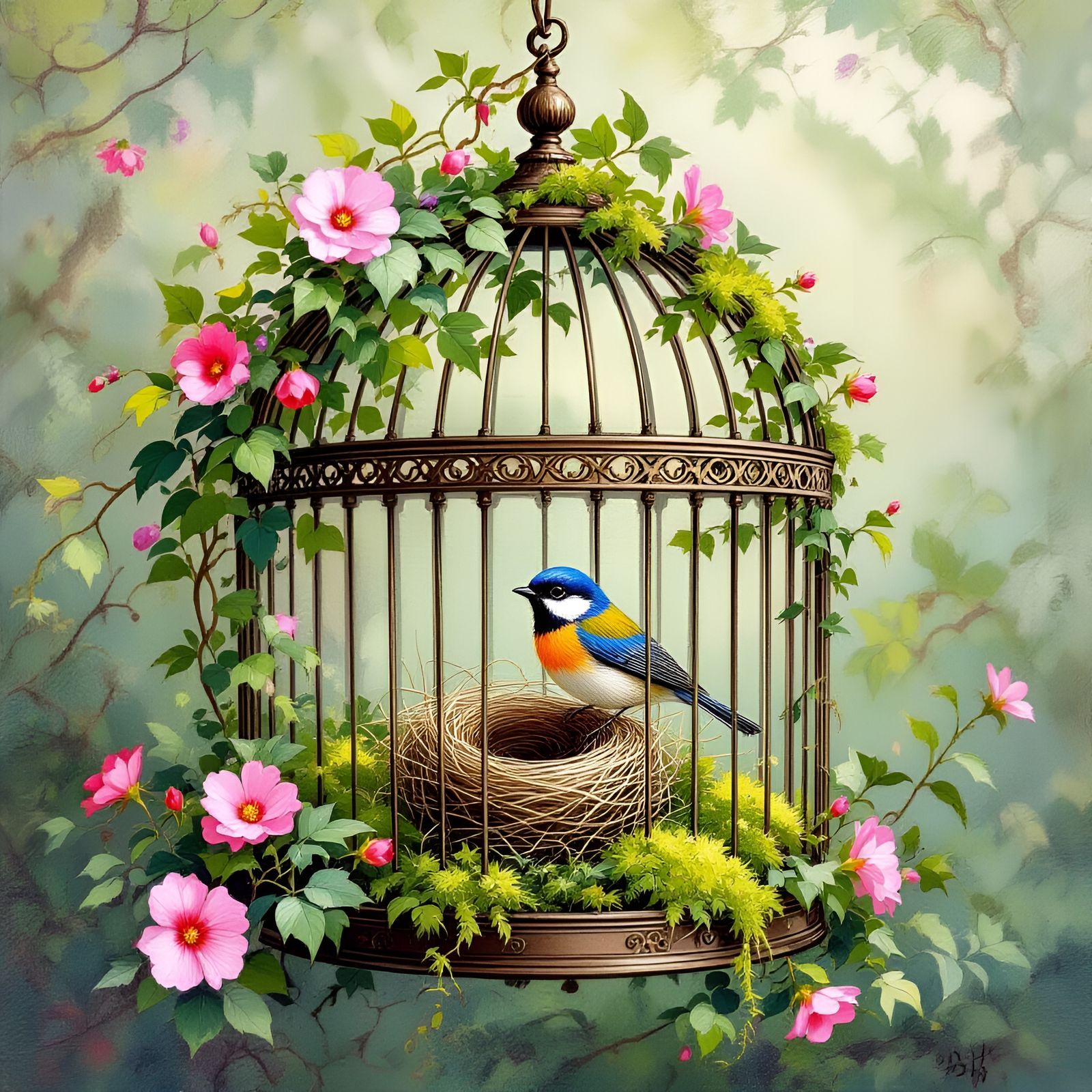 Songbird in Lushly Decorated Open Birdcage