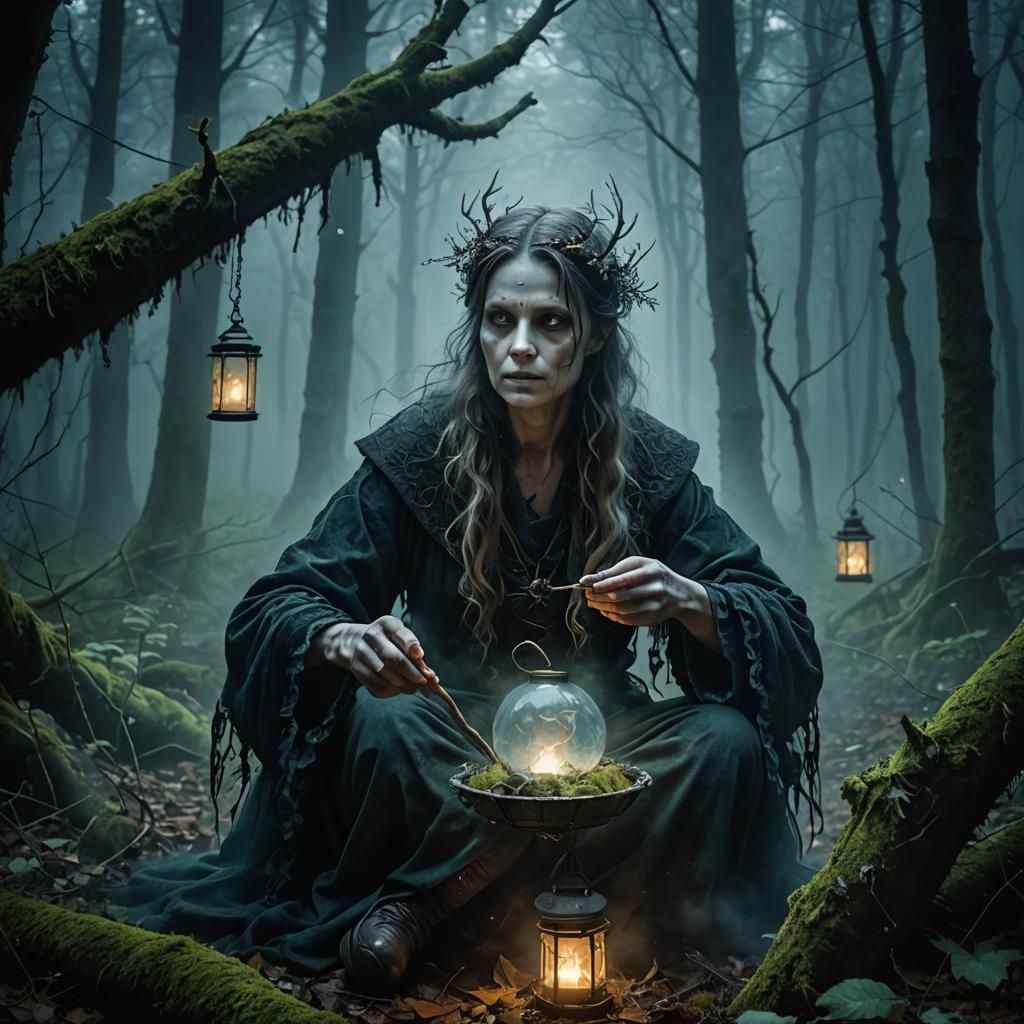 Ethereal Witch in Misty Forest with Spirits