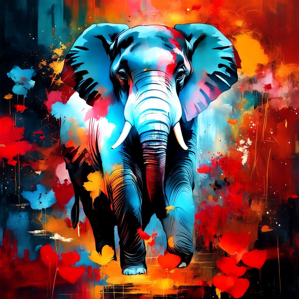 Abstract Elephant Masterpiece with Gold Leaf and Calligraphy