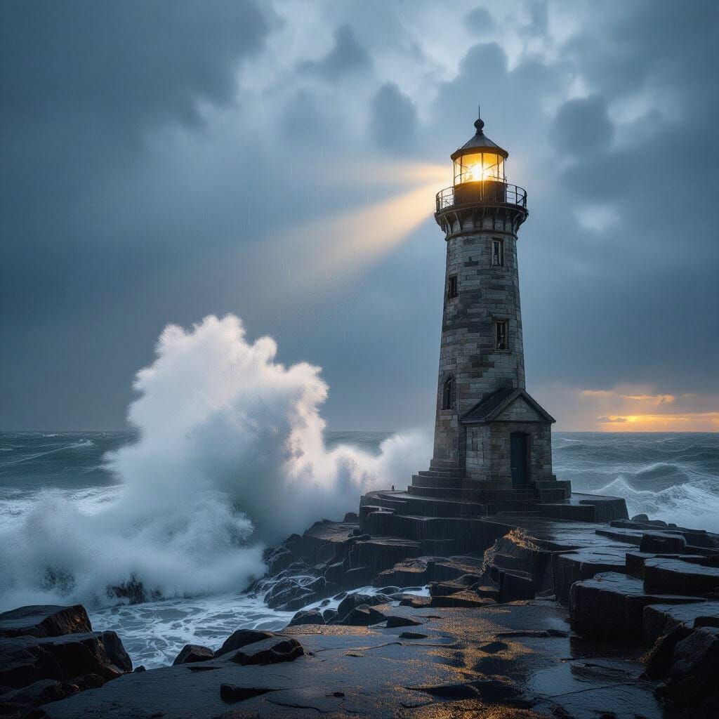 Lone Lighthouse in Stormy Seas: Cinematic Photography