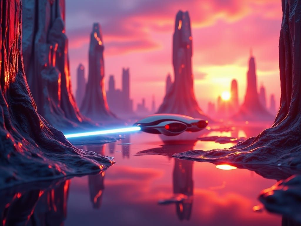 Futuristic Chrome Cityscape Reflects Sunset on Alien Planet ...