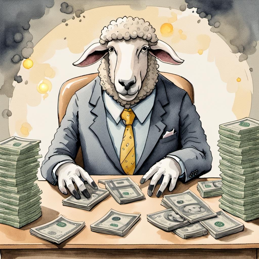 Accountant Sheep Counting Money: Whimsical Illustration