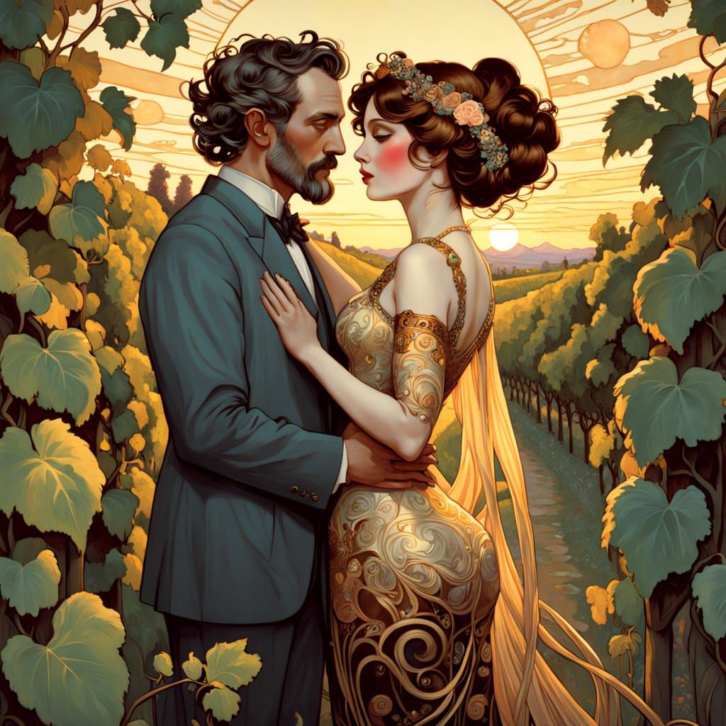 Elegant Couple in Golden Hour Vineyard Scene