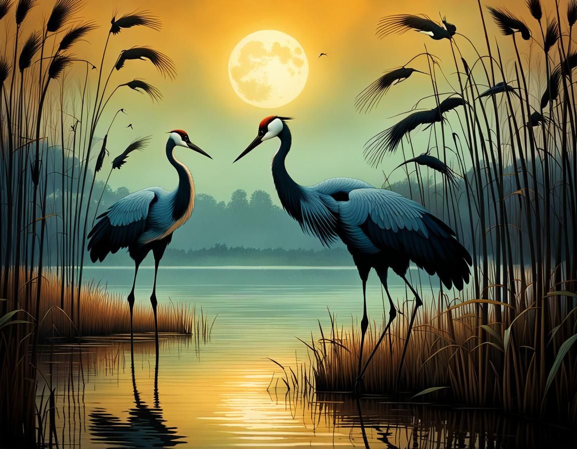 Cranes on a Lake Shore in Graphic Novel Style