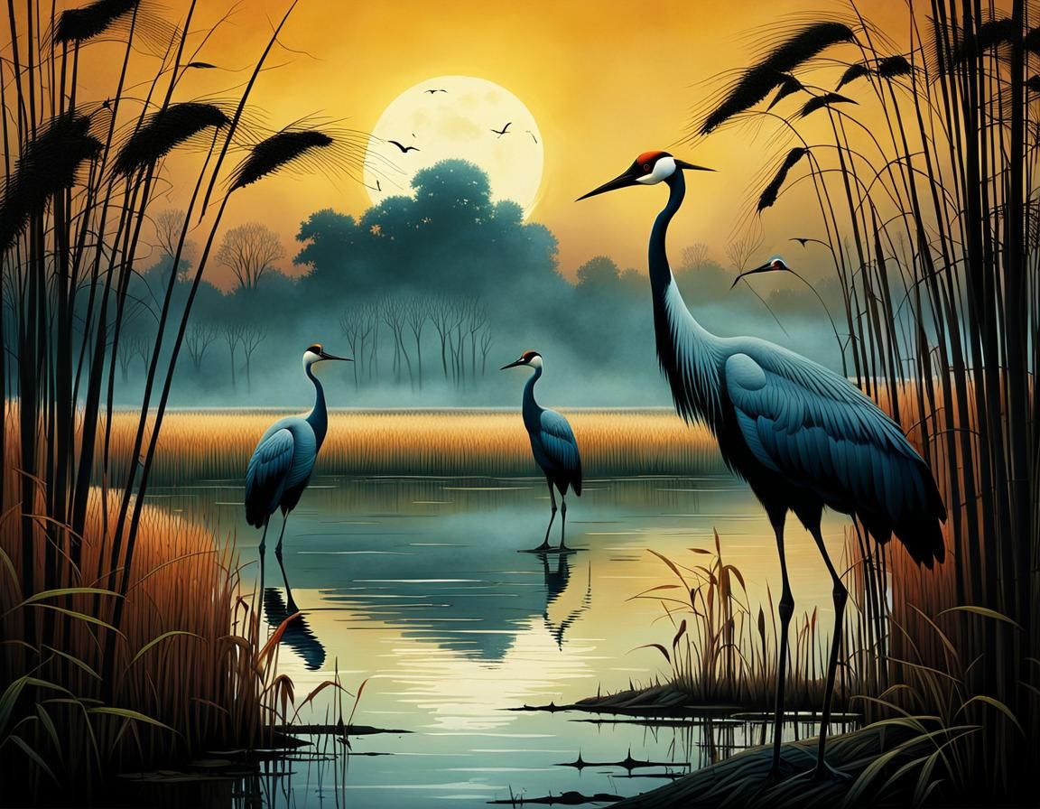 Majestic Cranes in Evening Light, Lake Shore Scene