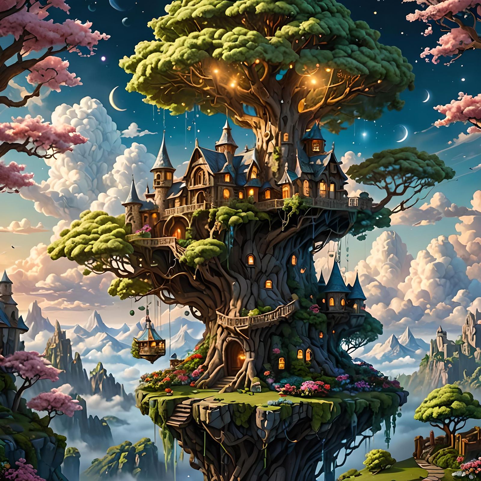 Hyperrealistic Treehouse Castle on Floating Island