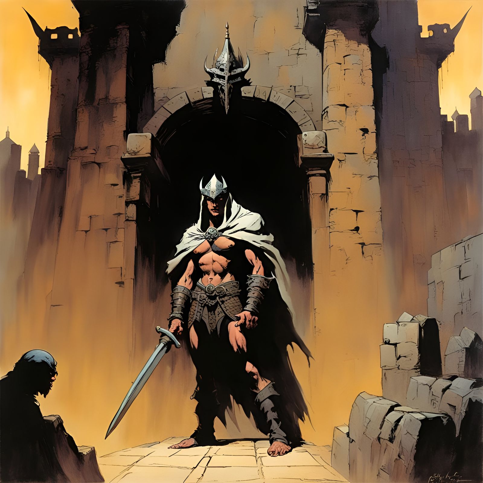 Warrior at City Gates in Fantasy Art Style