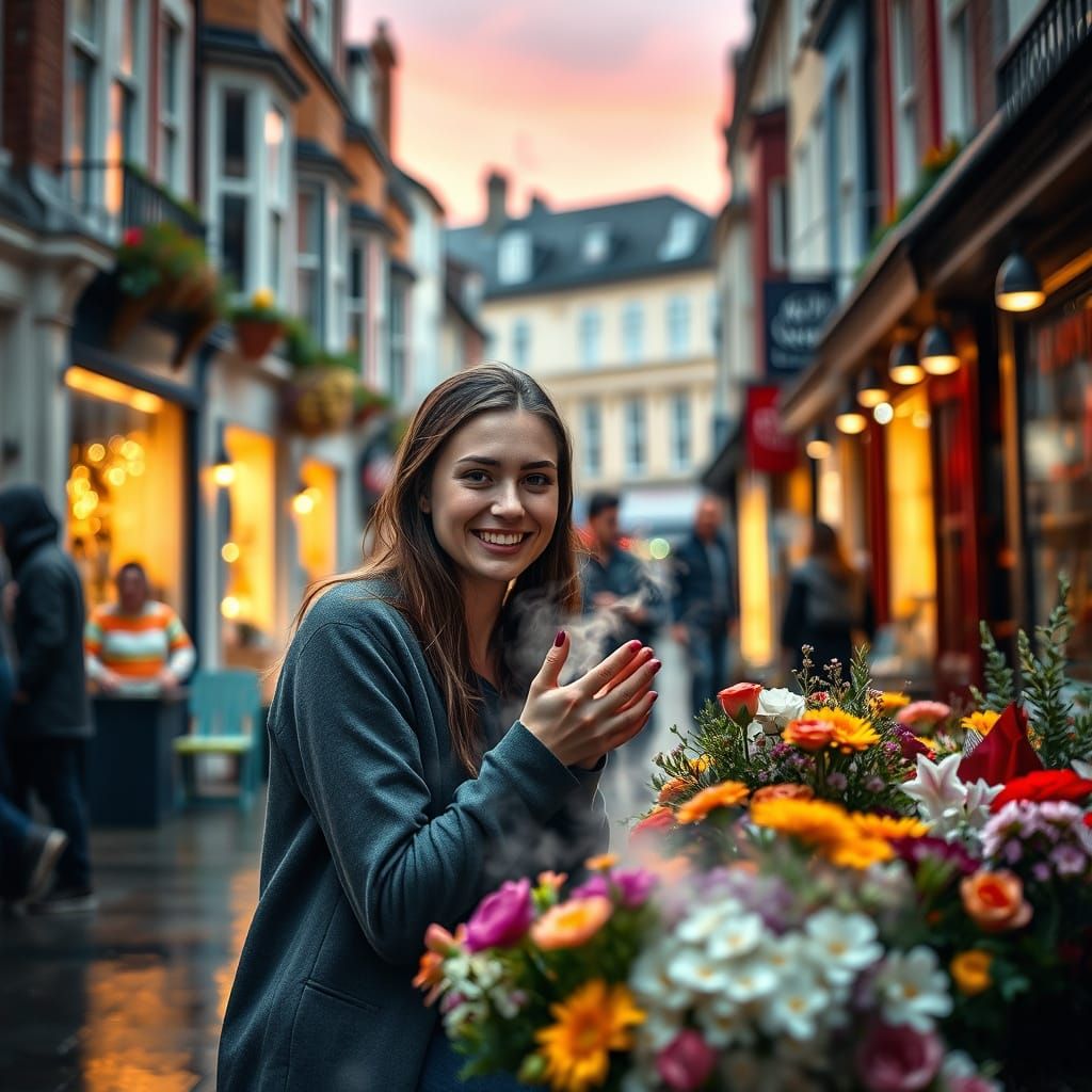 Wet London Street Florist in Golden Light