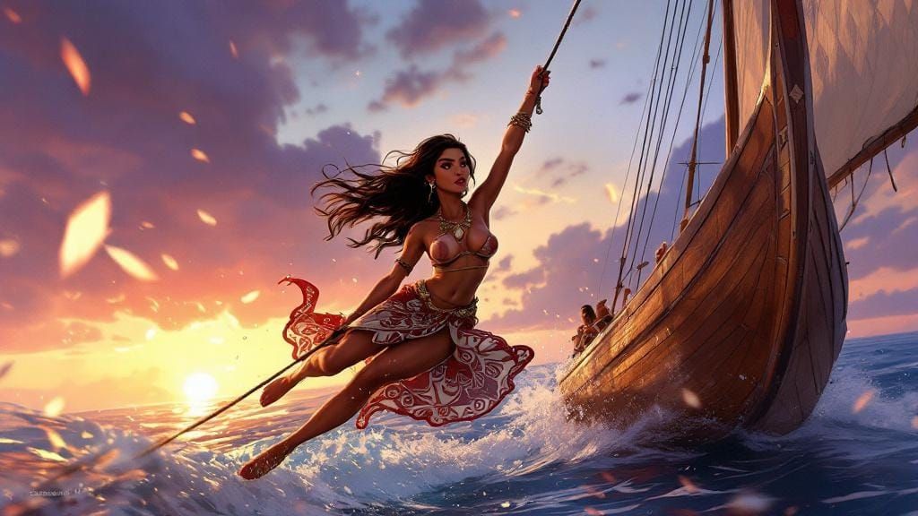 Polynesian Woman on Canoe at Golden Hour