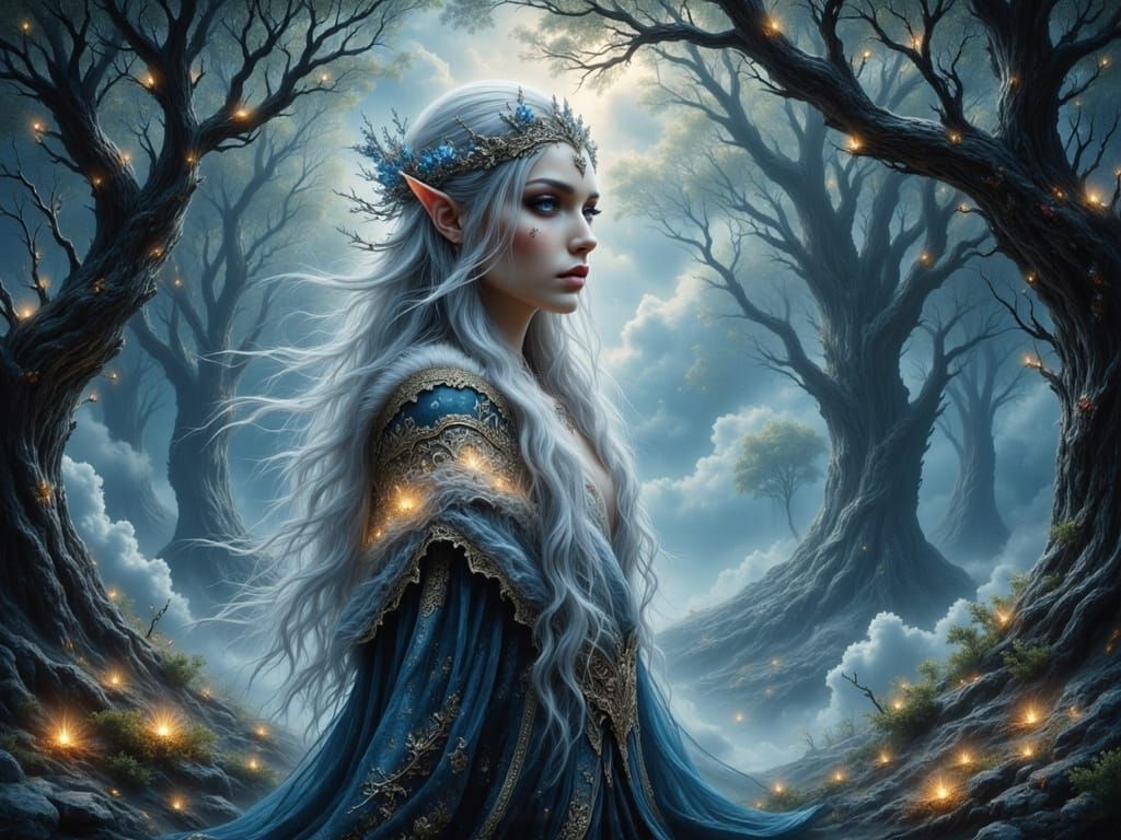 Enchanted Elf in Art Nouveau Forest